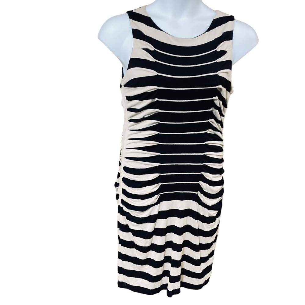 Betsey Johnson Black and Cream Striped Ruched Midi Dress Sz. 14 - Picture 3 of 6